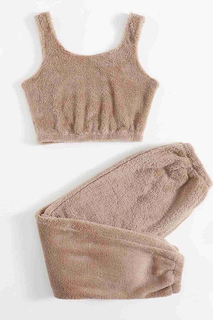 Merry See Kolsuz Askılı Peluş Polar Alt Üst Pijama Takımı Kahverengi - görsel 2