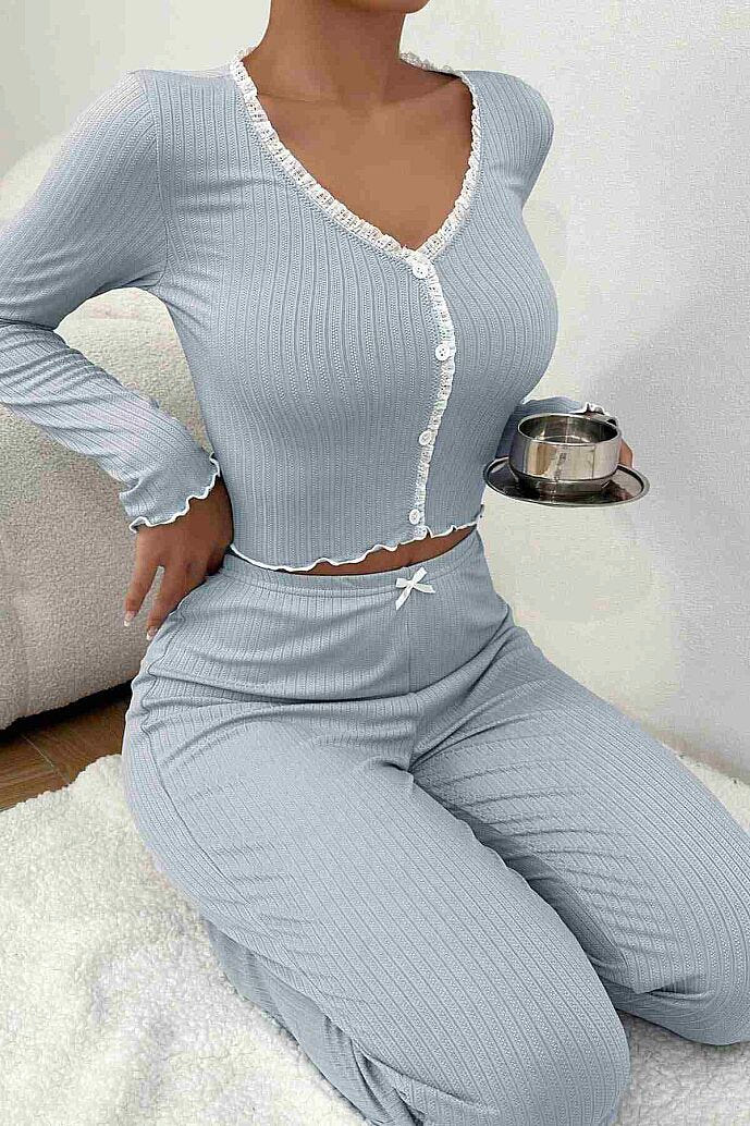 Merry See Önden Düğmeli Uzun Kollu Şık Pijama Takımı Mavi - görsel 1