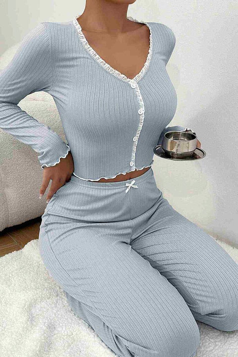 Merry See Önden Düğmeli Uzun Kollu Şık Pijama Takımı Mavi - görsel 1