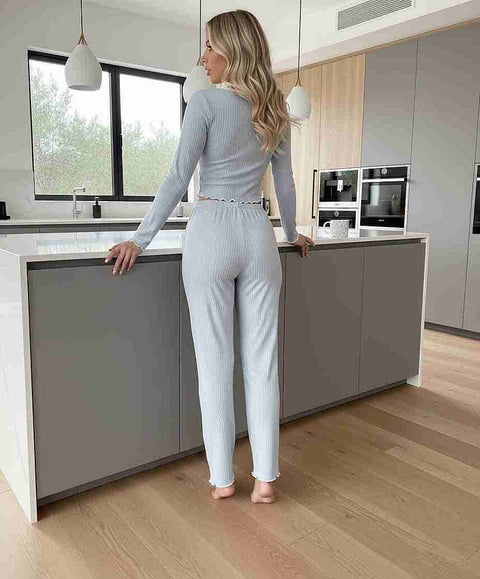 Merry See Önden Düğmeli Uzun Kollu Şık Pijama Takımı Mavi - görsel 5