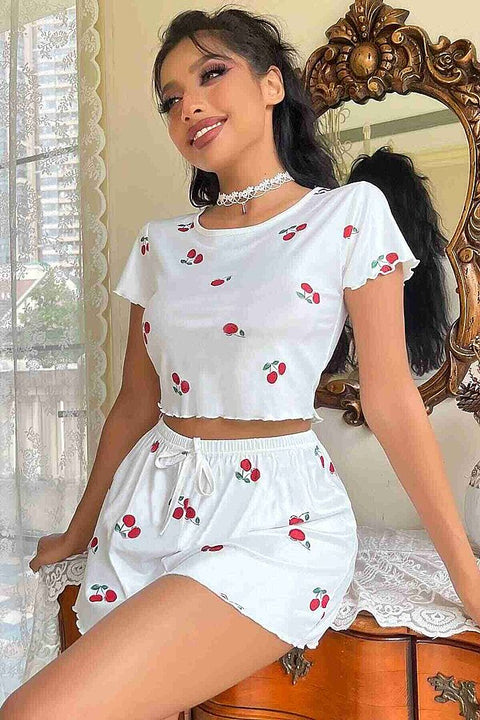 Merry See Örme Yumuşak Kısa Kol Kiraz Basklı Sortlu Pijama Takımı Beyaz - görsel 1