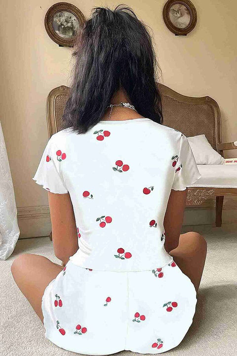 Merry See Örme Yumuşak Kısa Kol Kiraz Basklı Sortlu Pijama Takımı Beyaz - görsel 2