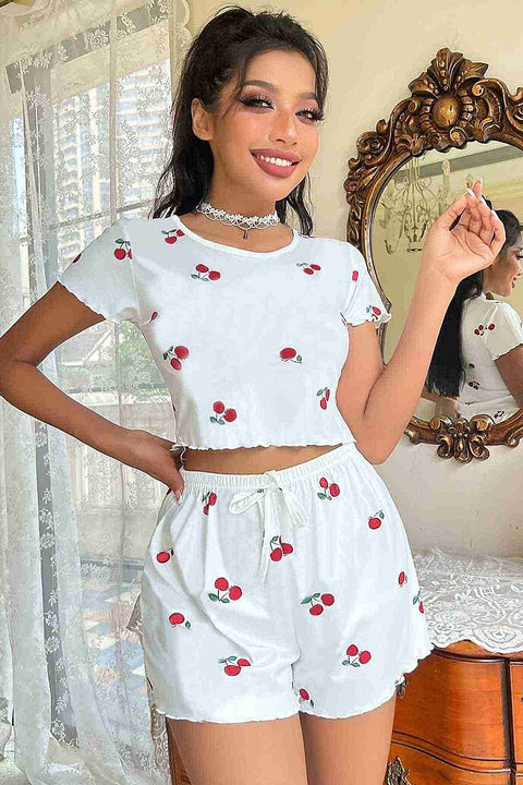 Merry See Örme Yumuşak Kısa Kol Kiraz Basklı Sortlu Pijama Takımı Beyaz - görsel 3