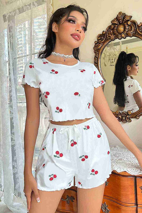 Merry See Örme Yumuşak Kısa Kol Kiraz Basklı Sortlu Pijama Takımı Beyaz - görsel 4