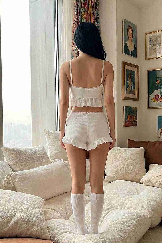 Merry See Özel Örme Kumaş Askılı Şortlu Pijama Takımı Beyaz - görsel 3
