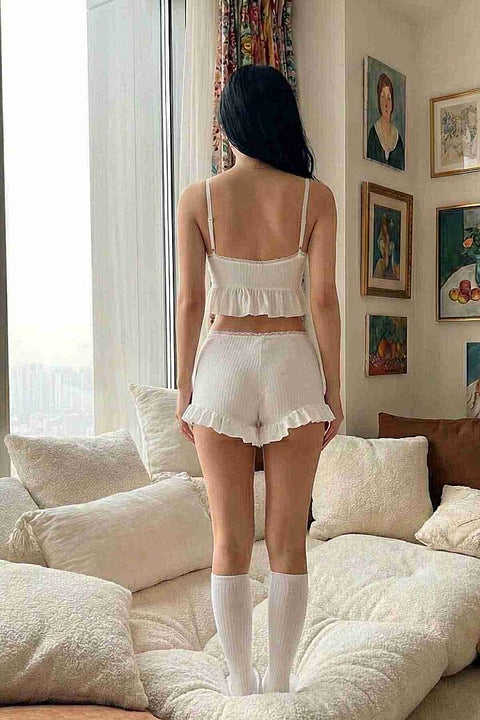 Merry See Özel Örme Kumaş Askılı Şortlu Pijama Takımı Beyaz - görsel 3