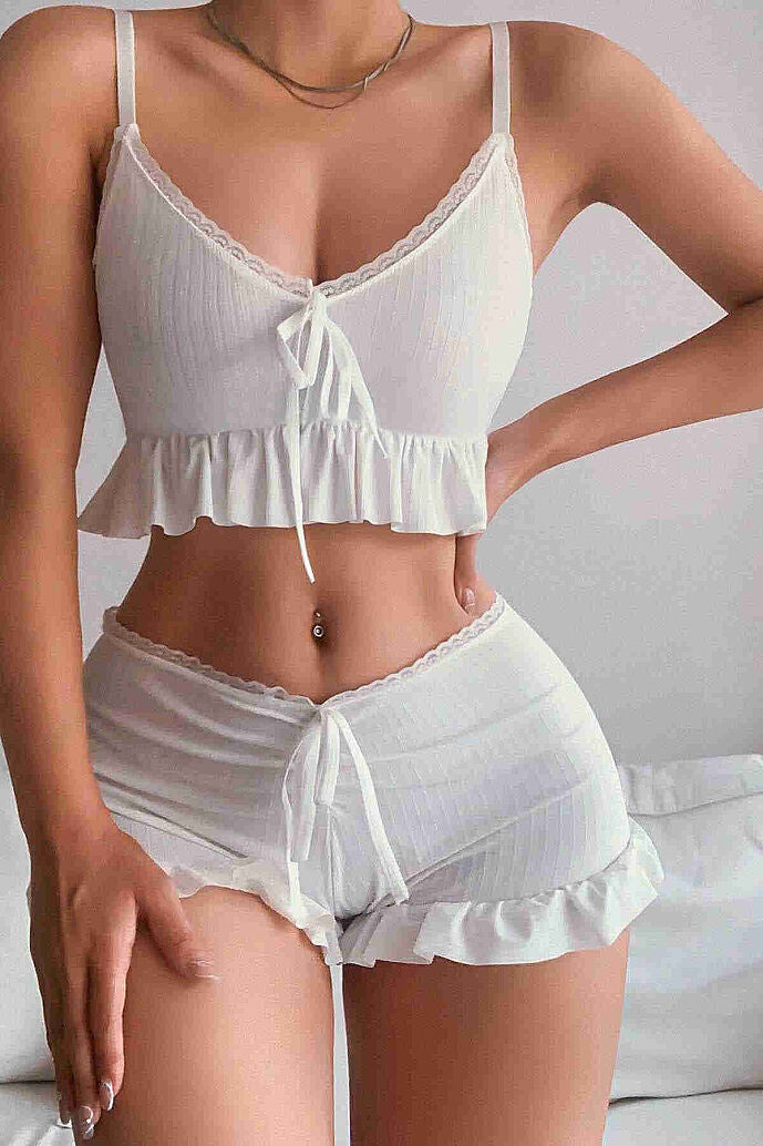 Merry See Özel Örme Kumaş Askılı Şortlu Pijama Takımı Beyaz - görsel 7