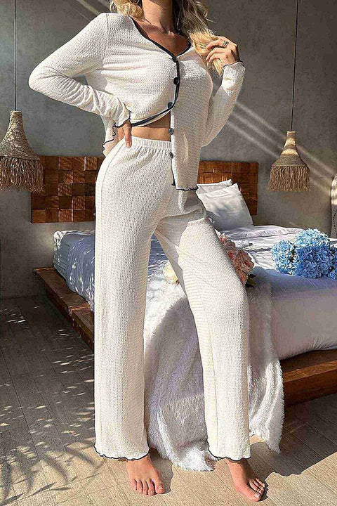 Merry See Özel Örme Kumaş Düğmeli Uzun Kollu Pijama Takımı Beyaz - görsel 6