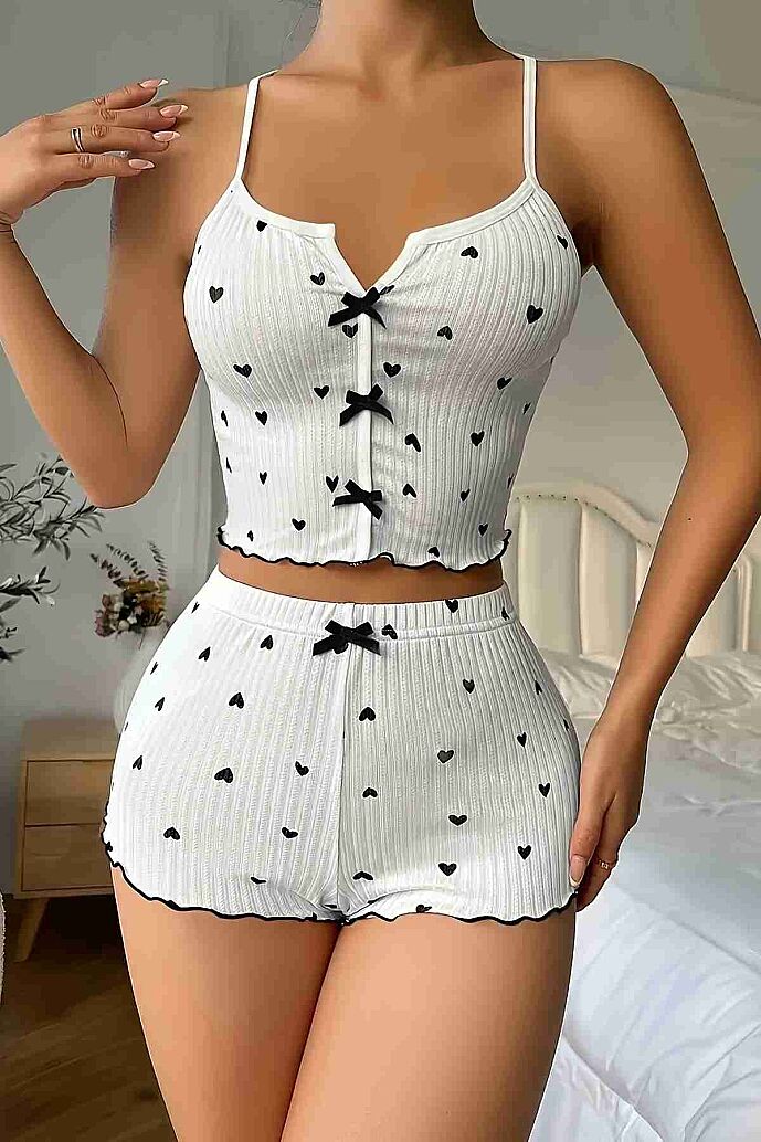 Merry See Özel Örme Kumaş Kalp Baskılı Şortlu Pijama Takımı Beyaz - görsel 4