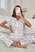 Merry See Özel Örme Kumaş Güpür Dantelli Kiraz Baskılı Kısa Kollu Pijama Takımı Beyaz - görsel 1