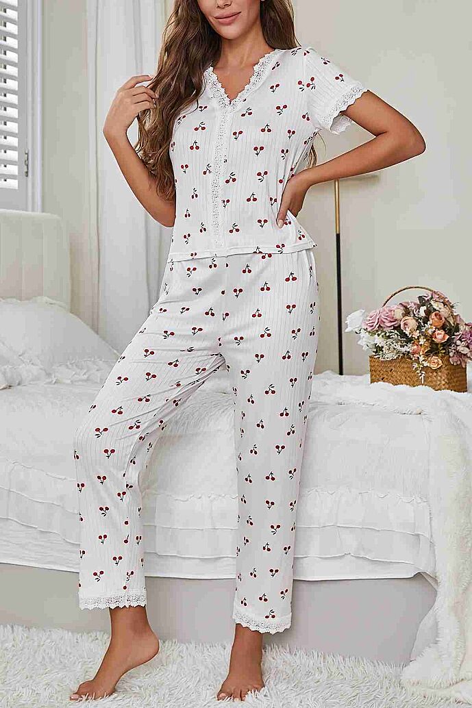 Merry See Özel Örme Kumaş Güpür Dantelli Kiraz Baskılı Kısa Kollu Pijama Takımı Beyaz - görsel 4