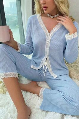 Merry See Ribanalı Dantel Detay İki Parça Pijama Takım Mavi - görsel 2
