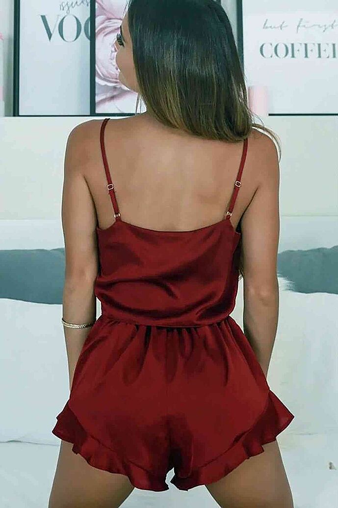 Merry See Saten Şortlu Pijama Takım Bordo - görsel 8