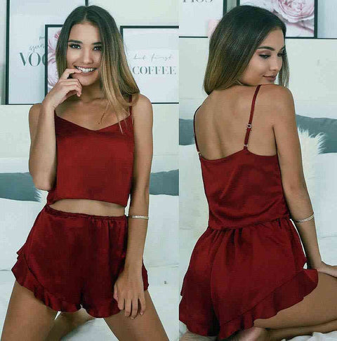 Merry See Saten Şortlu Pijama Takım Bordo - görsel 12