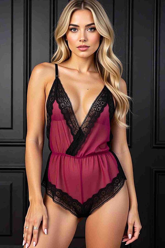 Merry See Fantezi Body Dantel Gecelik İç giyim Bordo - görsel 2