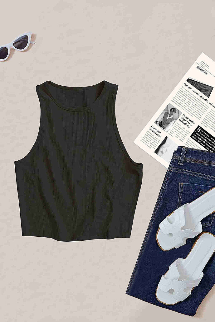 Merry See Tek Renk 1 Adet Kadın Kolsuz Örme Kumaş Bluz Crop Siyah - görsel 2
