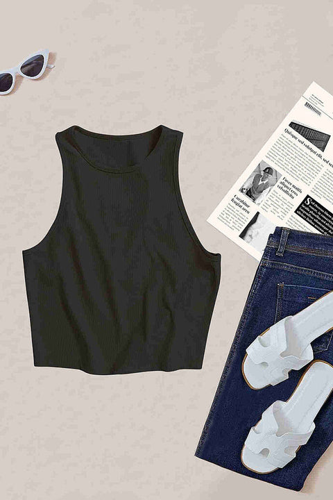 Merry See Tek Renk 1 Adet Kadın Kolsuz Örme Kumaş Bluz Crop Siyah - görsel 2