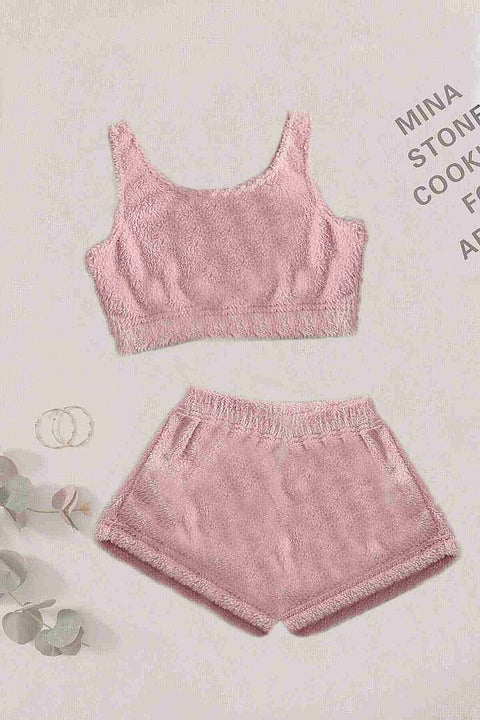 Merry See Tek Renk 1 Takım Kolsuz Askılı Peluş Polar Alt Üst Şortlu Pijama Takımı Pembe Açık - görsel 1
