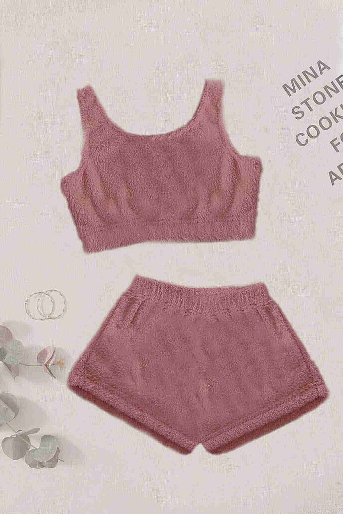Merry See Tek Renk 1 Takım Kolsuz Askılı Peluş Polar Alt Üst Şortlu Pijama Takımı Pembe Koyu - görsel 1