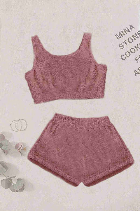 Merry See Tek Renk 1 Takım Kolsuz Askılı Peluş Polar Alt Üst Şortlu Pijama Takımı Pembe Koyu - görsel 1