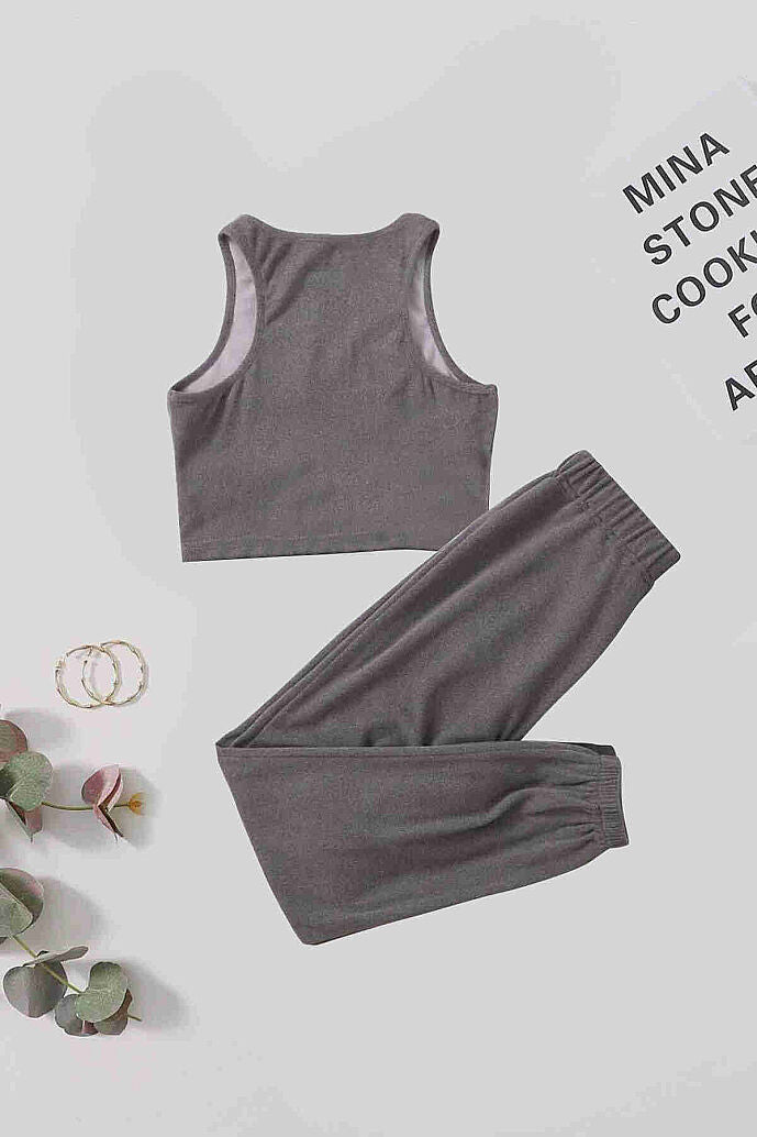 Merry See Tek Renk 1 Takım Kolsuz Cepsiz Polarlı Alt Üst Pijama Takımı Gri - görsel 4