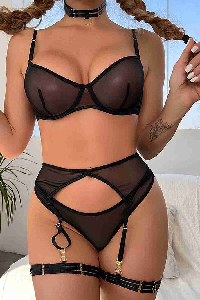 Merry See Tül Sütyen Külot Takım Jartiyerli Boğaz Ve Bacak Aksesuarlı Siyah - görsel 4