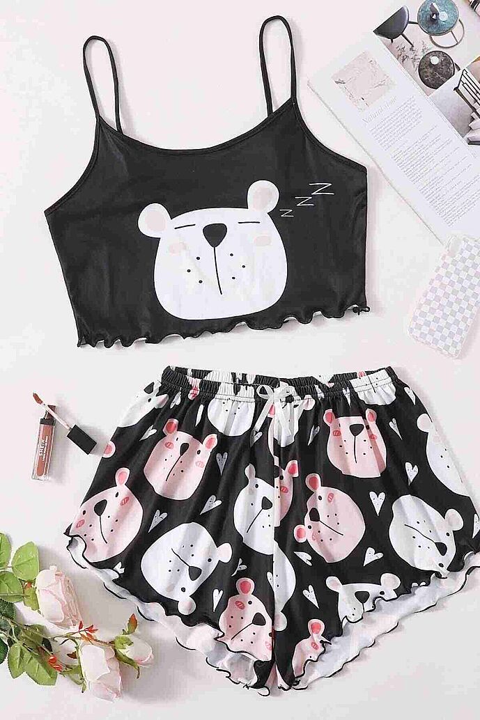 Merry See Uyuyan Ayıcık Basklı Ultrasoft Askılı Sortlu Pijama Takımı Çok Renkli - görsel 5
