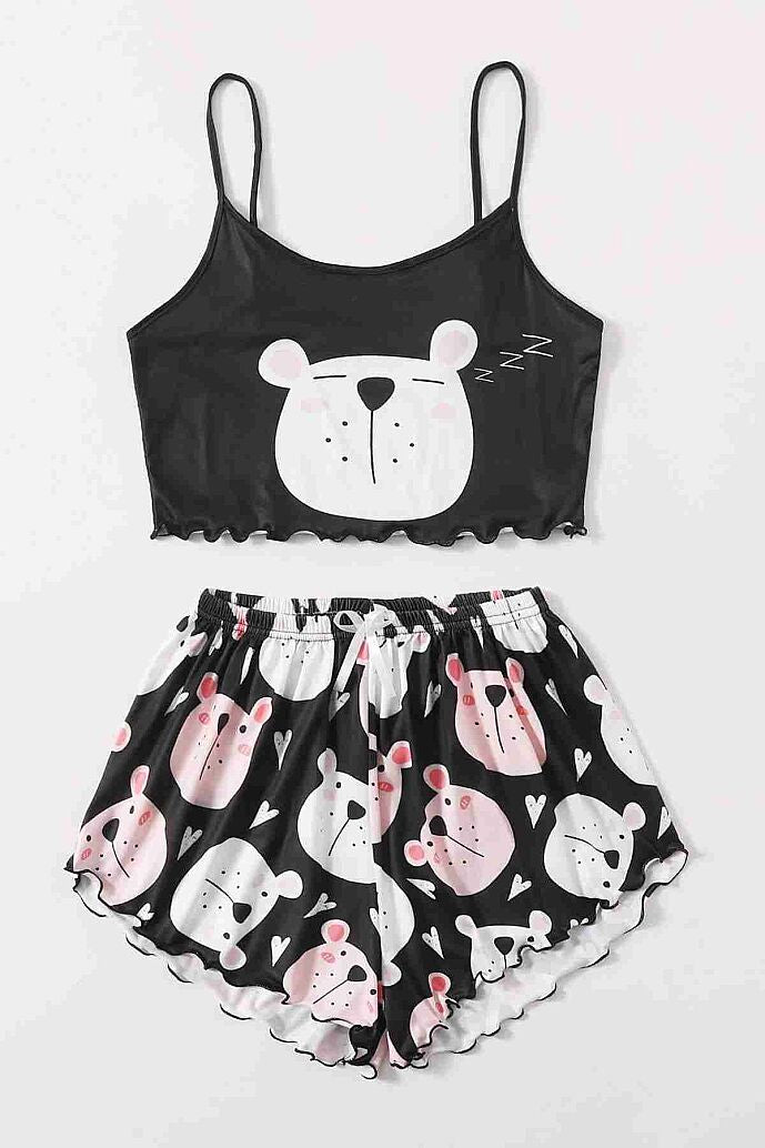 Merry See Uyuyan Ayıcık Basklı Ultrasoft Askılı Sortlu Pijama Takımı Çok Renkli - görsel 7