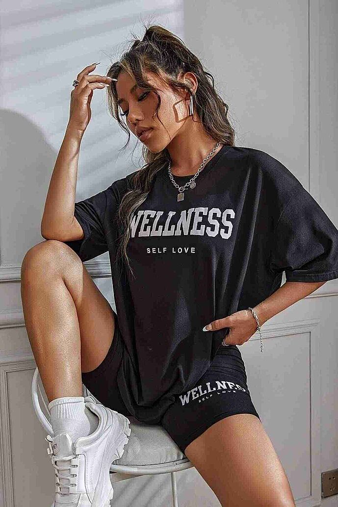Merry See WELLNESS Baskılı Soft Kısa Kollu Şortlu Alt Üst Takımı Siyah - görsel 1