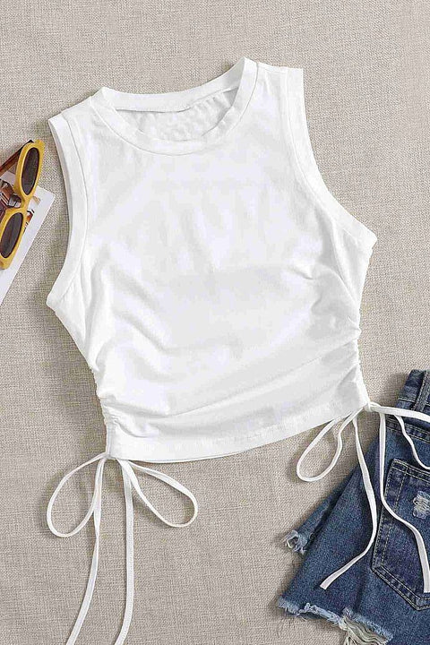 Merry See Yanları Büzgülü Kolsuz Bluz Crop Top Atlet Beyaz - görsel 1
