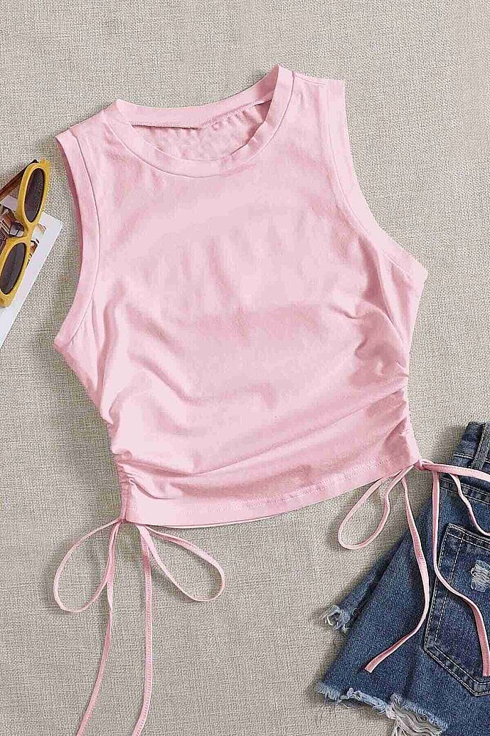 Merry See Yanları Büzgülü Kolsuz Bluz Crop Top Atlet Pembe - görsel 1
