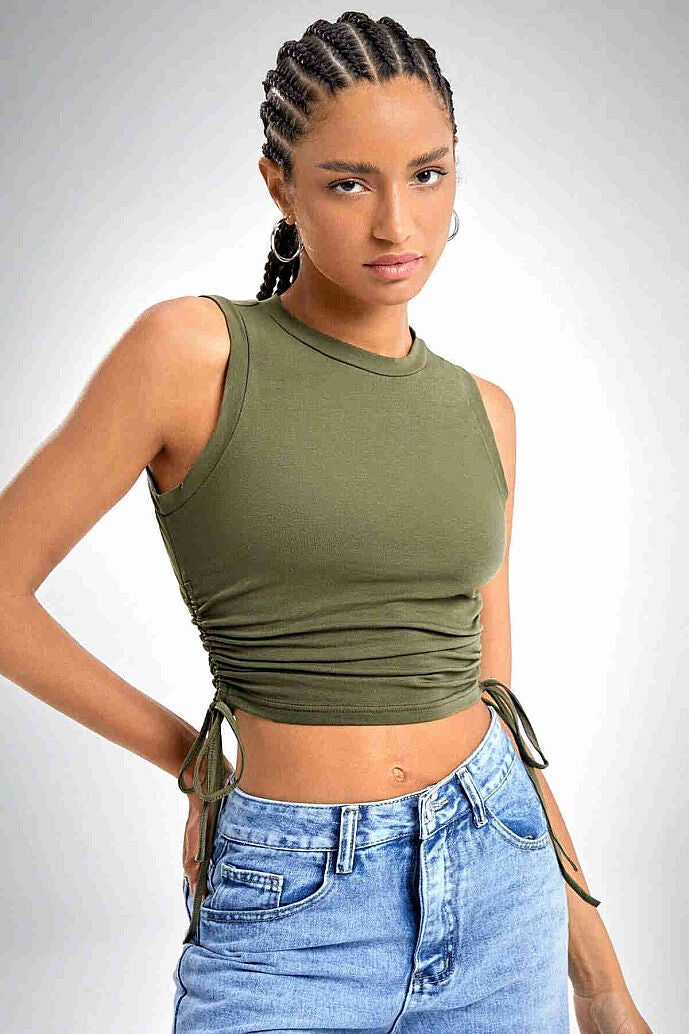 Merry See Yanları Büzgülü Kolsuz Bluz Crop Top Atlet Yeşil - görsel 2