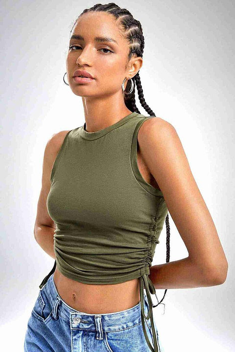 Merry See Yanları Büzgülü Kolsuz Bluz Crop Top Atlet Yeşil - görsel 3