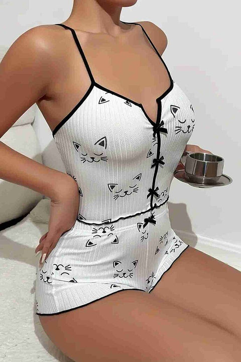 Merry See Yavru Kedi Baskılı Askılı Şortlu Pijama Takımı Beyaz - görsel 4