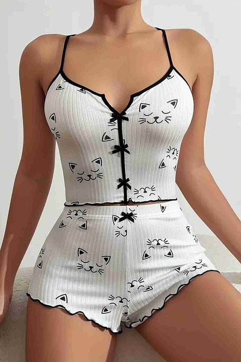 Merry See Yavru Kedi Baskılı Askılı Şortlu Pijama Takımı Beyaz - görsel 5