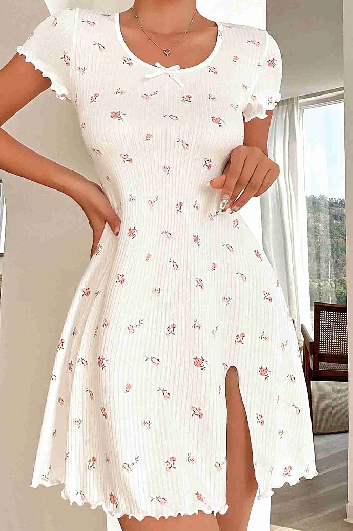 Merry See Yırtmaçlı Kısa Kollu Pijama Gecelik Beyaz - görsel 1